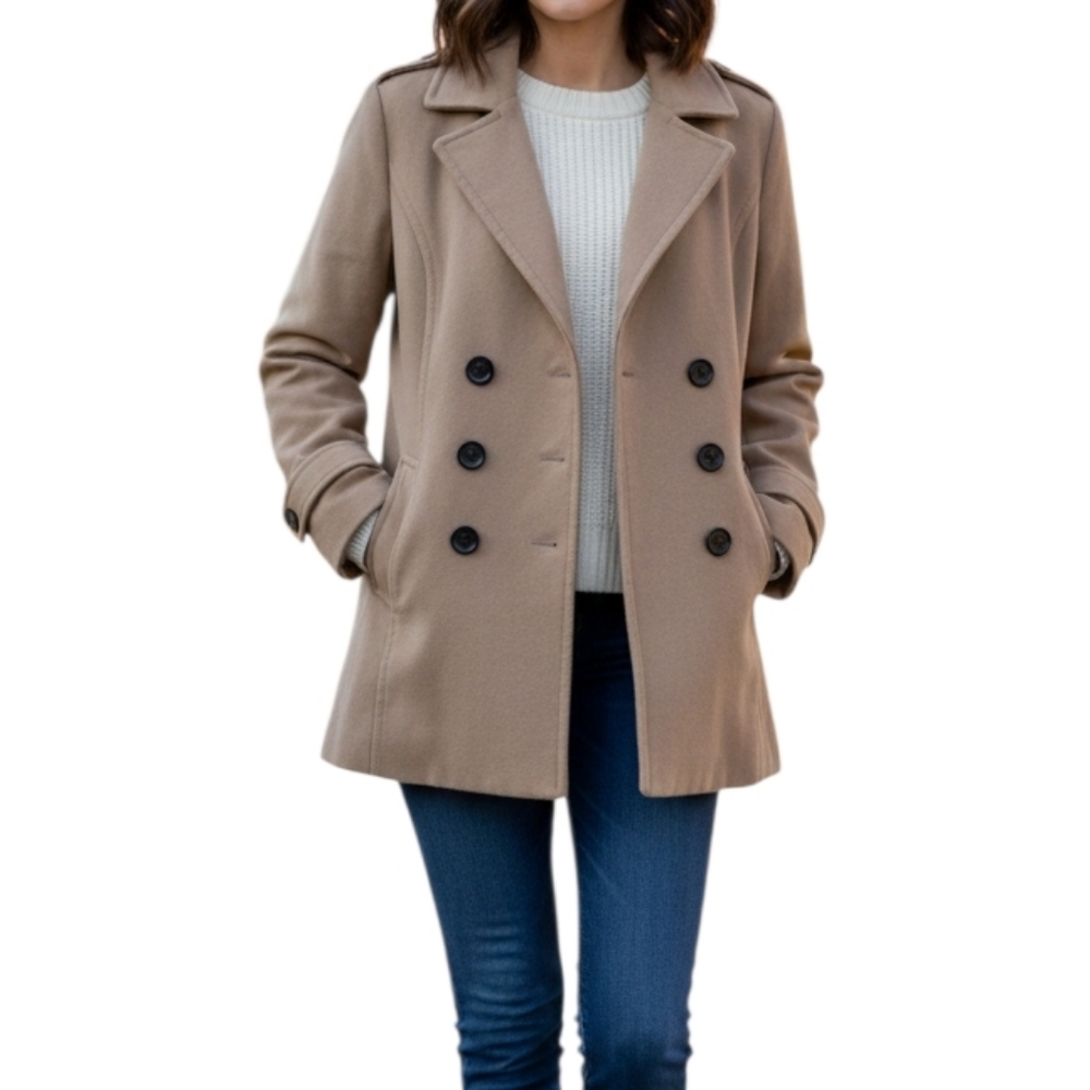 I.B. Diffusion Classic Tan Double-Breasted Pea Coat Women's Size M